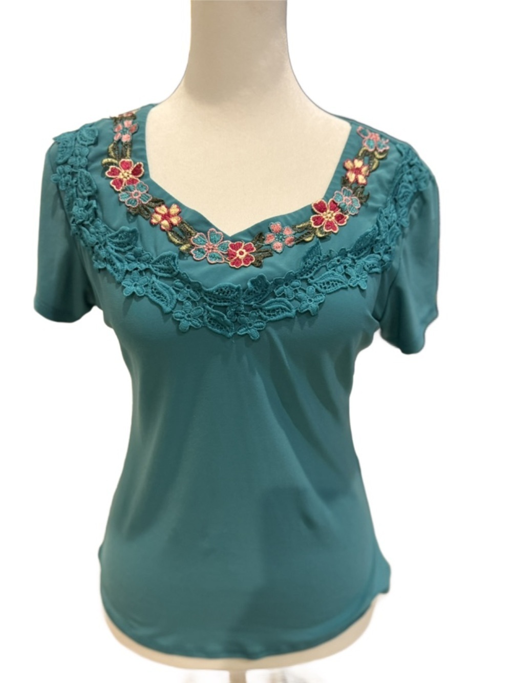 Teal Floral Embellished Women's Top Size S